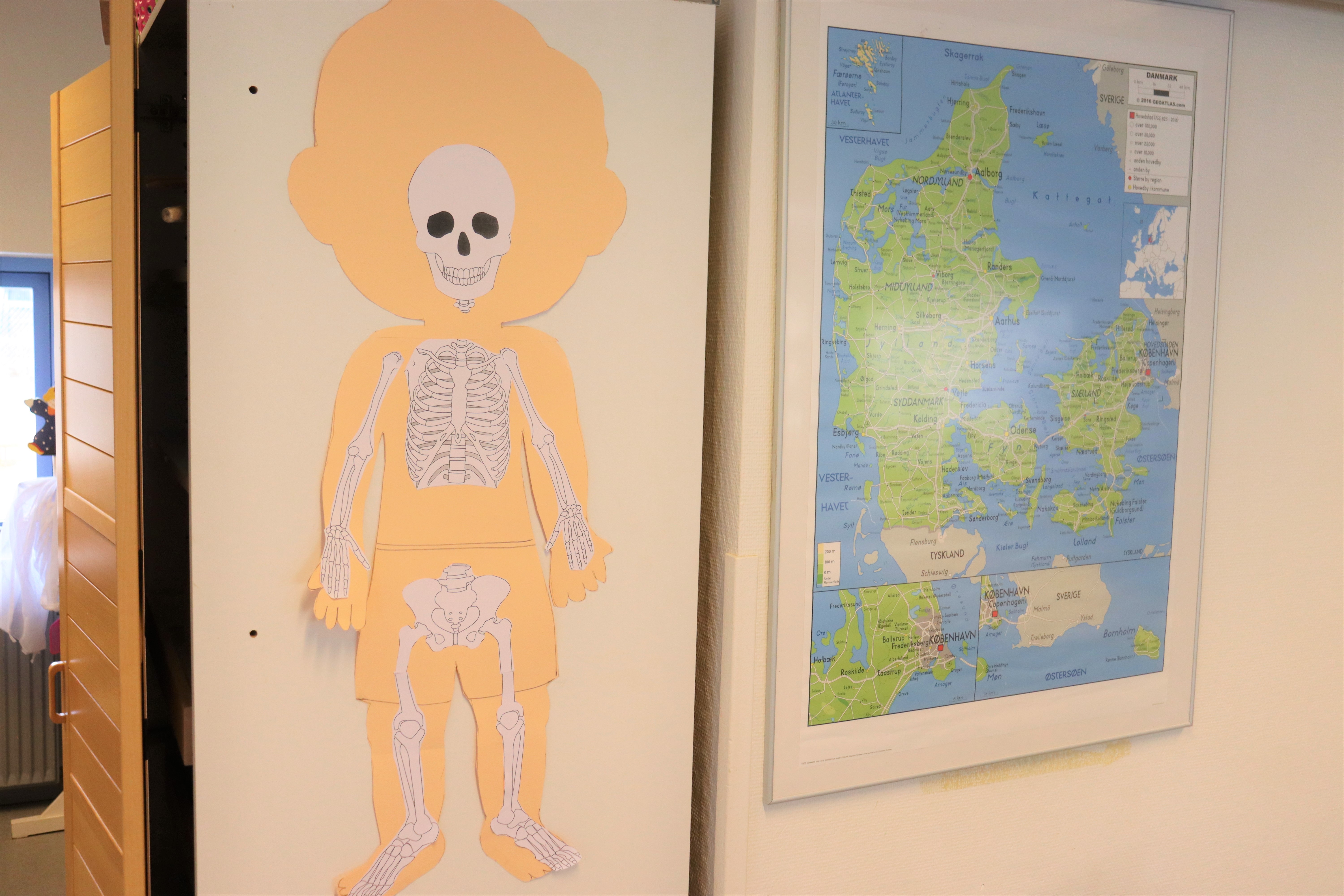 Børnehavens væg med hjemmelavet tegnet skelet og et Danmarks-kort